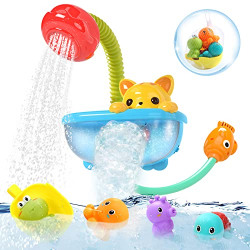 O WOWZON Baby Bath Toys with Shower, Bath Bubble Maker, Floating Squirting Animals, Fishing Games with Fishing Spoon, Water Toys, Bathtub Toy for Toddlers Baby Kids Infant Girls Boys
