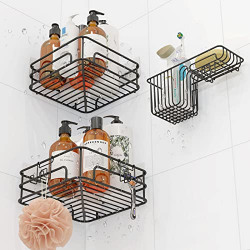 EZFurni Shower Caddy Corner, 3 Pack Shower Organizer Corner, Rustproof Shower Shelf for Inside Shower, Strong Adhesive Shower Racks with Razor Holders, Roomy Shower Storage for Bathroom, Black