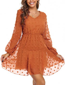 LUXUR Women's Dresses Swiss Dot Long Sleeve Short Dress V Neck Flowy Casual Loose Fit Ruffle Hem A-Line Chiffon A Line Mini Dress Orange S