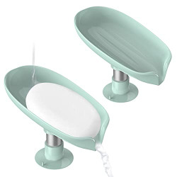 NPET Bar Soap Dish Holder Self Draining for Shower Bathroom Tub Kitchen Sink Laundry Room Leaf Shape Soap Saver with Enlarged Suction Cup Not Punched Plastic Tray Holder Save Space (2 Green)