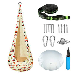 GREENSTELL Kids Swing with Cushion & Hanging Kits, Cartoon Pattern Kids Hanging Chair, Safety Durable Child Hammock Swing Chair with 150cm Hanging Strap for Indoor & Outdoor (Beige)