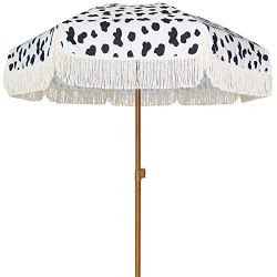 AMMSUN 7ft Patio Umbrella with Fringe Outdoor Tassel Umbrella UPF50+ Wood Color Steel Pole and Steel Ribs Push Button Tilt - Cow Dots