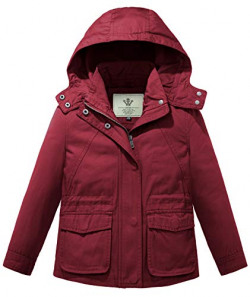 WenVen Little Kids Canvas Outerwear Boys Girls Outdoor Jacket with Hood (Red, 8)