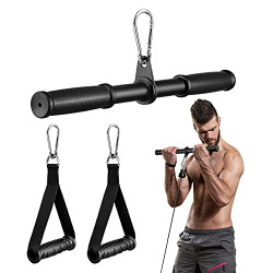 Unomor LAT Pull Down Handles: 2 Pack Exercise Handles Grips Attachments and Rotating Straight Bar with 3 Carabiners Clips for Resistance Bands Cable Machine Workout Home Gym Training