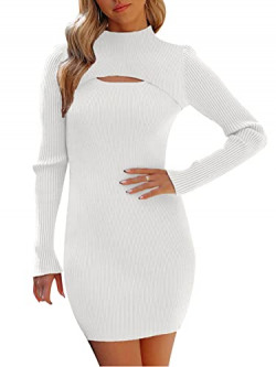 NALANISA Women's Long Sleeve Cutout Front Mini Sweater Dress Turtle Neck Bodycon Dress Chic Solid Fall Slim Ribbed Knit Dress(White, Small)