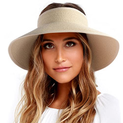 FURTALK Sun Visor Hats for Women Wide Brim Straw Roll Up Ponytail Summer Beach Hat UV UPF Packable Foldable Travel
