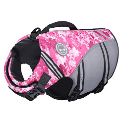 Vivaglory New Sports Style Ripstop Dog Life Jacket with Superior Buoyancy & Rescue Handle, Camo Pink, L