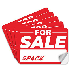 For Sale Signs Stickers, 5-pack 10x7 inch Premium Peel & Stick Vinyl Decal, Easy to Peel Off No Residue Left Behind, For Sale Signs for Vehicles