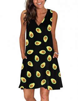 MISSKY Womens Nightgown Sleeveless V Neck Sleep Shirts Soft Cotton Print Sleepwear with Pockets Avocado Medium
