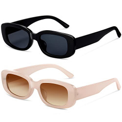 Rectangle Womens Sunglasses Retro Fashion 90s UV400 Protection Square Frame Y2K Sunglasses (Black+Beige)