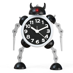 Juboos Robot Alarm Clock, Ultra-Quiet Non Ticking Analog Alarm Clock with Eye Light and Hand Clip Stainless Steel Metal (Black)