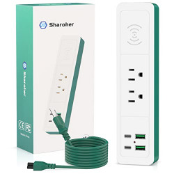 Sharoher Power Strip with 10W Fast Wireless Charging,2 Outlets,2 USB Ports,2Fast Type-C Charging Ports,for Office,Home,Business Gifts,Collective Dormitory,6FT Extension Cord(2000W/13A),Green