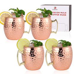 Moscow Mule Mugs Set of 4-18 oz, [Gift Set] Hammered Copper Mugs | Stainless Steel Lining, Copper Plating Cups with Gold Brass Handles for Making Classic Moscow Mule, 3.4'' (Diameter) x 4 ''(Tall)
