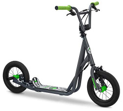 Mongoose Expo Youth Scooter, Front and Rear Caliper Brakes, Rear Axle Pegs, 12-Inch Inflatable Wheels, Green/Grey