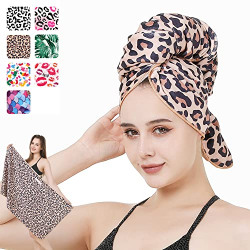 Large Microfiber Hair Towel Wrap for Women,Super Absorbent,Anti Frizz Hair Drying Towel with Elastic Strap,Ultra-Soft, Quick Dry Hair Turban for Drying Curly,Long,Thick Hair((Yellow Leopard Print))