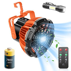 7800mAh Ezire Portable Camping Fan, Rechargeable USB Tent Ceilling Fan & LED Lantern Light, Battery Operated Desk Fan with Small flashlights for Outdoor Home Office Car Emergency