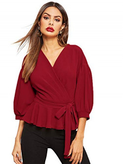 SheIn Women's Lantern 3/4 Sleeve V Neck Ruffle Blouse Tie Waist Wrap Peplum Top Scarlet Small