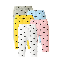 Unikaka Toddler and Baby Girl Heart Print Pants with Fleece Leggings 5-Pack in Grey White Blue Orange and Pink