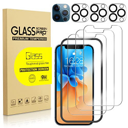 NatuBeau 3 Pack Screen Protector for iPhone 12 Pro Max 6.7  with 3 Pack Camera Lens Protector, HD Clear Tempered Glass iPhone 12 Pro Max Screen Protector, 9H Hardness, Scratch Resistant, Easy Install, Bubble Free, Case Friendly