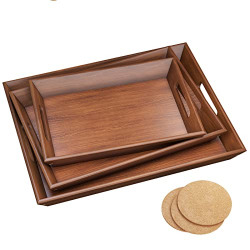 BAMEOS Serving Tray with Handles Set of 3 Wood Nesting Bed Tray with 3 Coasters Food Couch Tray Works for Eating,Working,Storing,Dcor, Used in Bedroom, Kitchen, Living Room, Bathroom