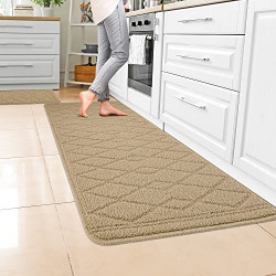 SMARTAKE Kitchen Rug Mats, 2 PCS Non-Slip Kitchen Mats, Rhombus Pattern Design Kitchen Floor Mat, Machine Washable Durable Kitchen Rugs for Home, Dining, Hallway, Laundry, 20 x47 +20 x30 , Beige