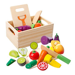 SENZYKG Wooden Play Food for Kids Kitchen Pretend Play Food Toys for Toddlers Cutting Fruit Vegetables Toys Set Gift for Boys Girls Educational Toys Food