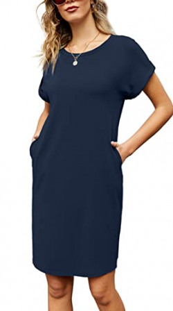 Ofenbuy Womens Summer Casual Dresses Crew Neck Short Sleeve Loose Midi Dress with Pockets
