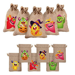 LOMIMOS 24PCS Halloween Burlap Gift Bags,Treat Candy Cookie Packing Jute Pouches with Drawstrings for Party Favor Supply