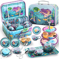 JOYIN 35Pcs Cute Under The Sea Mermaid Pretend Tin Teapot Set for Tea Party and Kids Kitchen Pretend Play Sweet Princess Accessories Plastic Tea Cups Dishes Play Food