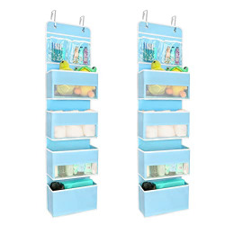 JARLINK 2 Pack 5-Shelf Over Door Hanging Organizer, Wall Mount Storage for Bedroom, Clear Window and PVC Pocket for Storage Cosmetics, Stationery, Sundries, etc (Light Blue)