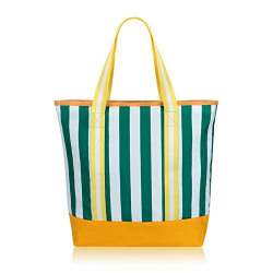 HAWEE Canvas Tote Bags for Women with Zipper and Compartments Large Capacity Multi Pocket for Travel Storage Purse, Green Stripe