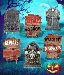 6PCS Halloween Yard Decorations Signs for Scary Halloween Decorations Outdoor, Tombstones Halloween Decor, Halloween Lawn Decorations with Stakes, Headstones Graveyard Halloween Decorations Clearance