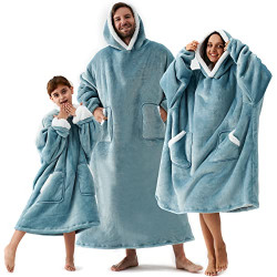 Eheyciga Wearable Blanket Hoodie for Kids, Flannel Fleece with Big Pockets and Sleeves, Ultra Soft Plush Fuzzy Blanket Hoodie Sweatshirt with Reversible Warm Sherpa for Boys and Girls, Blue, Kids