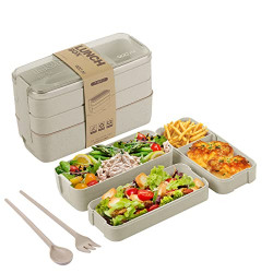 Bento Box Lunch Box for Adults Kids, AsFrost 3-In-1 Compartment Containers - Wheat Straw, Leakproof Eco-Friendly Bento Lunch Box Meal Prep Containers Microwave Safe (Beige)