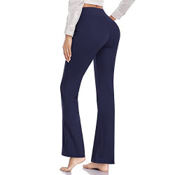 HISKYWIN Womens High Waist Yoga Pants 4 Way Stretch Tummy Control Workout Running Pants, Long Bootleg Flare Pants-HF823-Navy Blue-S
