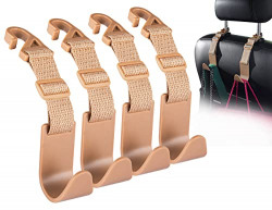 Adjustable Car Seat Headrest Hook, Flymic Universal Car Storage Headrest Hanger Holder Hooks Organizer, Vehicle Strong and Durable Backseat Hanger for Handbag Purse Coat 4 Pack Khaki