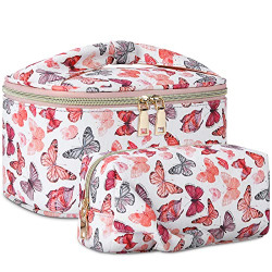 Makeup Bag 2 Pcs Cosmetic Bag Waterproof Large Make Up Bag for Travel Bow-Knot Storage Bag Portable Cosmetic Pouch Makeup Brush Organizer Toiletry Case for Women and Girls Butterfly