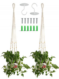 Plant Hangers Indoor Set of 2 Macrame Plant Hangers Indoor with Ceiling Hooks for Hanging Plants Handmade 33  Hanging Plant Holder Outdoor No Tasselss for Boho Home Decor Ivory