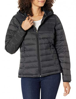 Amazon Essentials Women's Lightweight Long-Sleeve Full-Zip Water-Resistant Packable Hooded Puffer Jacket, Black, Medium
