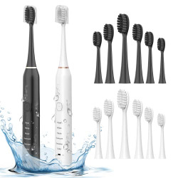 2 Piece Electric Toothbrush Set with 12 Dupont Brush Heads,38000 VPM Electric Toothbrush - 6 Modes ,Toothbrush with Timer,Ipx7 Waterproof,Black & White.