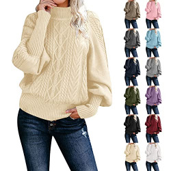 QIFEILA Womens Mid Neck Sweaters Long Batwing Sleeve 2022 Winter Fall Fashion Tunic Pullover Solid Color Knit Tops