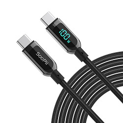 SooPii 100W 4ft USB C to USB C Cable Fast Charge, Nylon Braided Type-C Cable with LED Display for lPad Air/lPad Pro, MacBook Pro, Samsung Galaxy S21/S10/S9/Plus (Black)