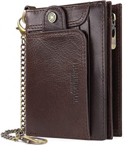 HUMERPAUL Chain Wallet for Men, Genuine Leather Bifold Wallets Rfid Blocking Men Purse with Zipper Coin Pocket (Coffee)