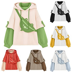 QIFEILA Womens Cute Bear Hoodies Loose Long Sleeve Patchwork Sweatshirt with Detachable Bear Bag for Teen Girls