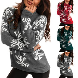 Christmas Sweater for Women, Long Sleeve Snowflake Knitted Sweater Casual High Neck Pullover Tops