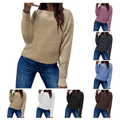 Fangren Women's Oversized Knit Sweater Casual Long Sleeve Crew Neck Solid Color Jumpers Warm Ribbed Pullovers Tops