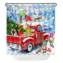 Christmas Shower Curtains for Bathroom Winter Christmas Gnome with Red Truck Christmas Bath Decor Holiday Decorations Polyester Fabric Bath Curtain with Hooks Xmas Gift-72  x 72 