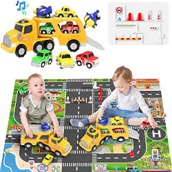 BELLOCHIDDO Toddler Toys for 2 3 4 5 6 Years Old Boys, STEM Educational Construction Vehicle Toys with Play Map, Transport Carrier Truck for Kids with Lights and Sounds