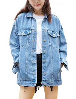 Omoone Women's Oversized Mid Long Denim Jacket Jean Biker Coat (Denim BlueX1, X-Small)