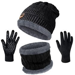 Unisex Warm Winter Cuffed Beanie Hat Scarf Gloves Set Thick Fleece Lined Skull Caps for Women Men (Black)
